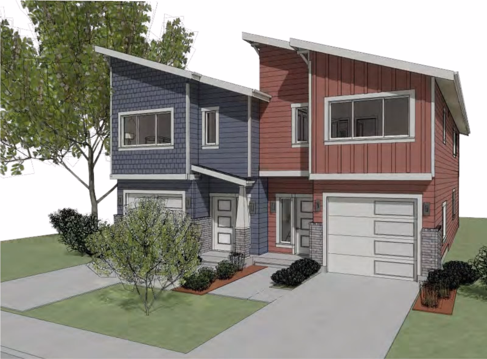 Architectural rendering of the Dauntless duplex concept with contrasting siding, single-car garages and landscaped front entries.